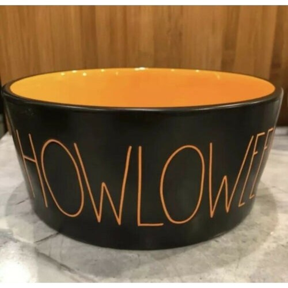 Rae Dunn HOWLOWEEN Large 8" Pet Bowl Black W Orange Interior and Lettering